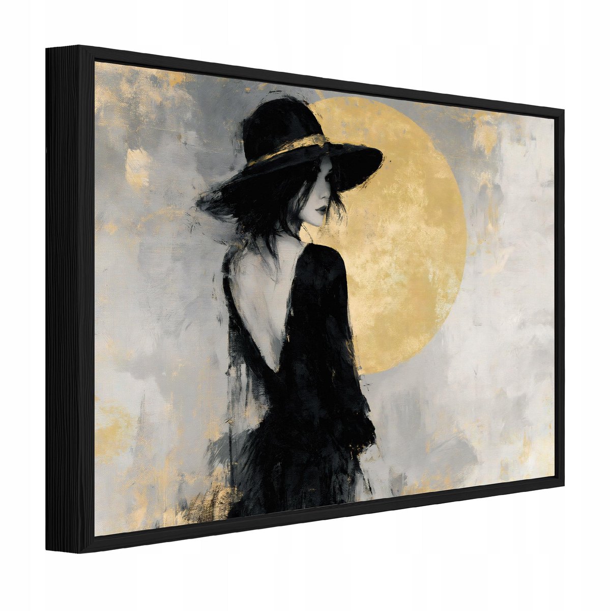 Schilderij op canvas in zwarte lijst - 120x80 cm - vrouw met hoed - wanddecoratie woonkamer en slaapkamer
