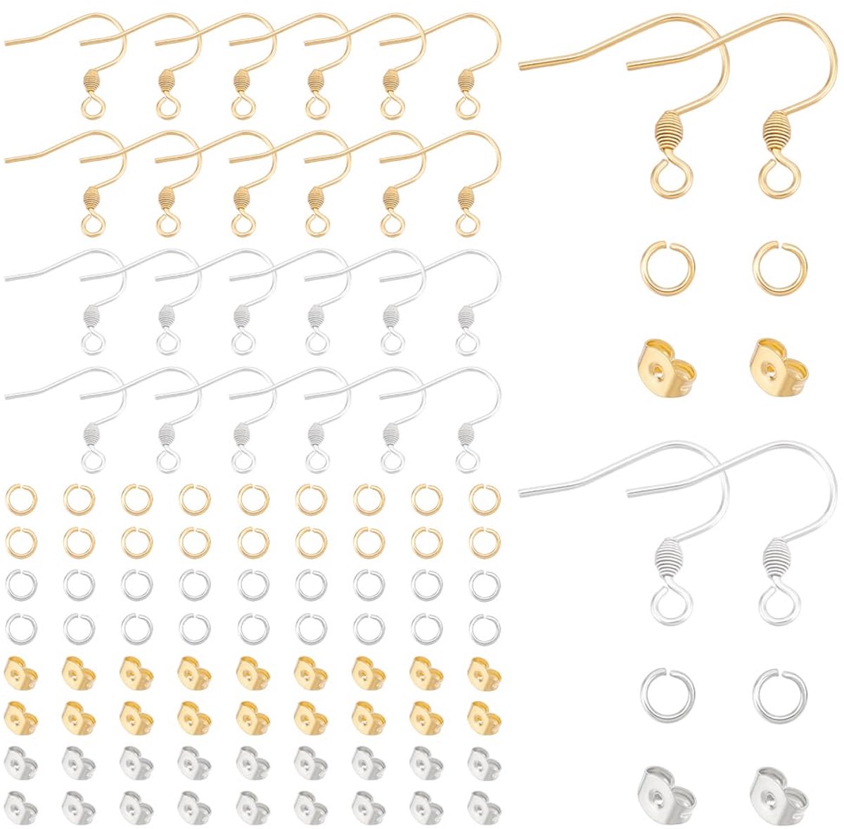 ca. 240 stuks, 2 kleuren, set voor het maken van oorbellen van roestvrij staal, 3 stijlen, haken voor oorbellen, oorbellen, open springringen voor sieraden