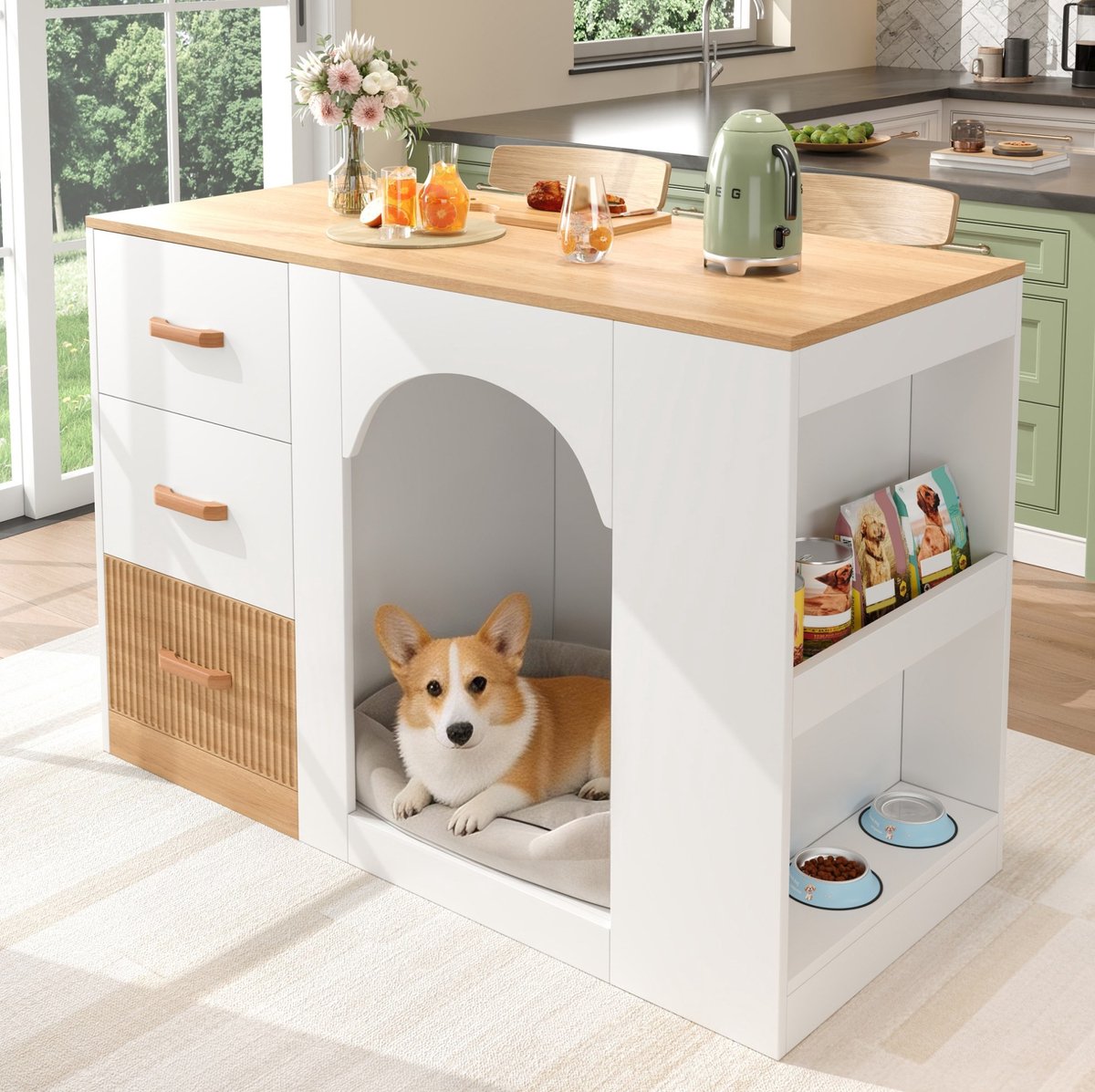 MIVRAY Keukeneiland - Keukenkast Met 3 Lades En Huisdierhoek - Met Zijopberging Voor Keuken En Wonen - MDF Wit Houtlook - 120x60x90 Cm