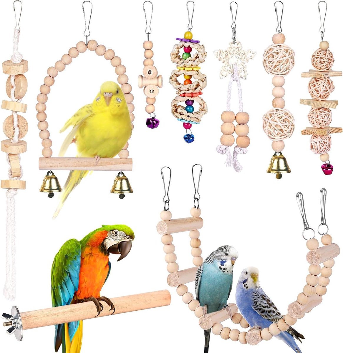 Vogelspeelgoed Set - Vogelkooi Accessoires - Vogels Vermaken - Natuurlijk Hout Materiaal - 9 Delige Set - Multicolor