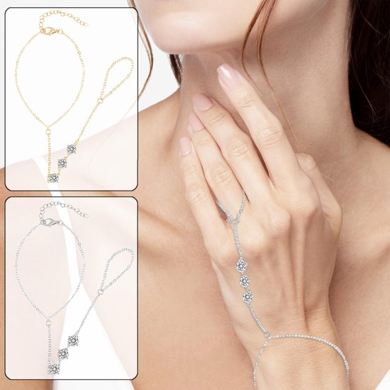 Kristallen handharnas armband dames goud en zilver - 2 stuks set - verstelbare maat 17-22cm - elegante handketting met ring - ideaal voor feest, strand, dagelijks gebruik — afbeelding 5