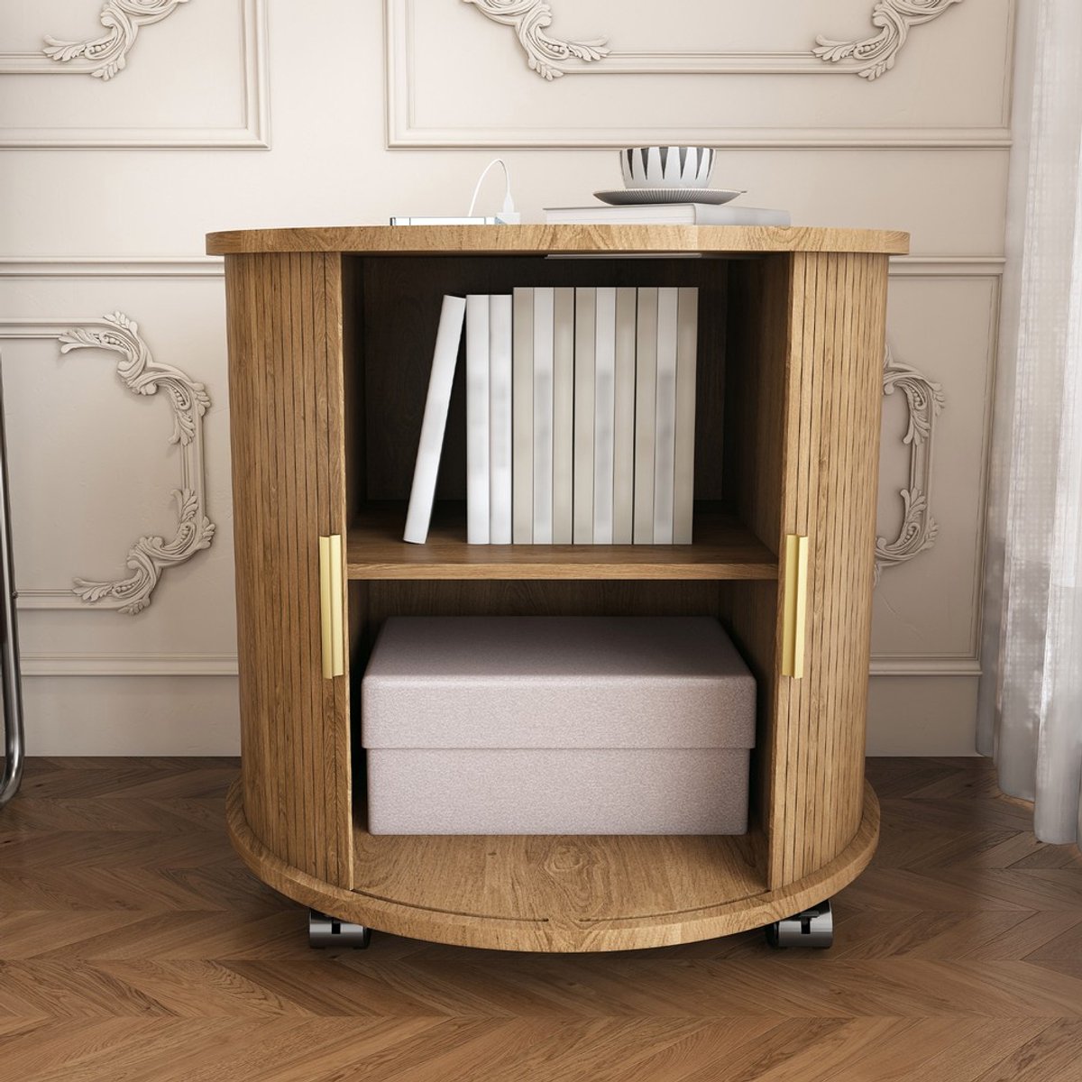 KOMHTOM Nachtkastje - Mid-Century Design - Oplaadstation met Stopcontact en 2 USB-poorten - Schuifdeur - Opbergruimte - Verplaatsbaar - Slaapkamer en Woonkamer - Eiken Look - 60x60x60 cm