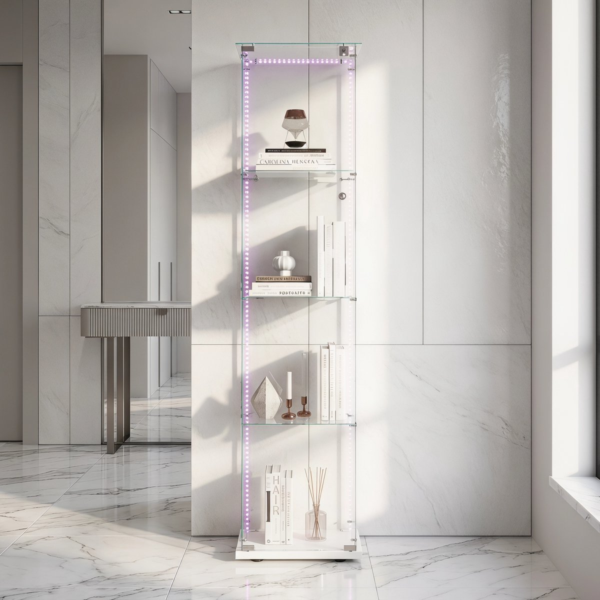 Glazen Vitrinekast, 4-Laags Verticaal Opbergmeubel, voor Verzamelingen, Boeken, Wijn, Kantoor, Woonkamer, Keuken, met Lichtstrip, 163x39,8x35cm (Wit)