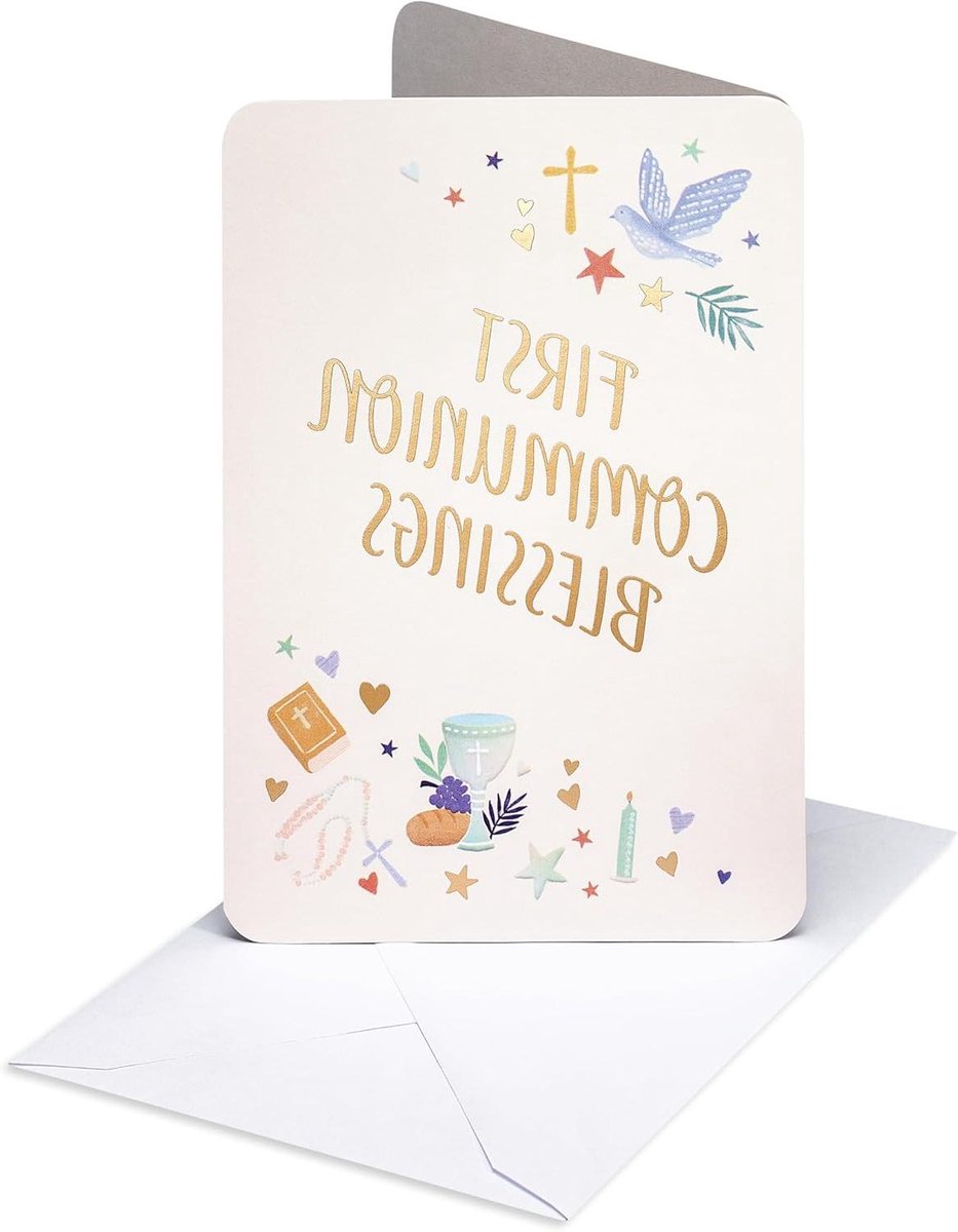 Eerste Communie Kaart - Religieuze Wenskaart - Bijzondere Gelegenheid Vieren - Gouden Folie Details - 17.15 x 11.75 cm - Multicolor
