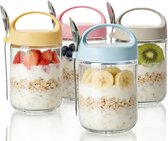 Set van 4 havermoutpotten - Havermoutpotten met deksels en lepels - Luchtdichte ontbijtpotten - Yoghurtpotten - Ook geschikt voor zelfgemaakte havermout, salades, jam, pudding, enz. --- Roze/Geel/Blauw/Grijs --- 15*9,1*8,2 cm