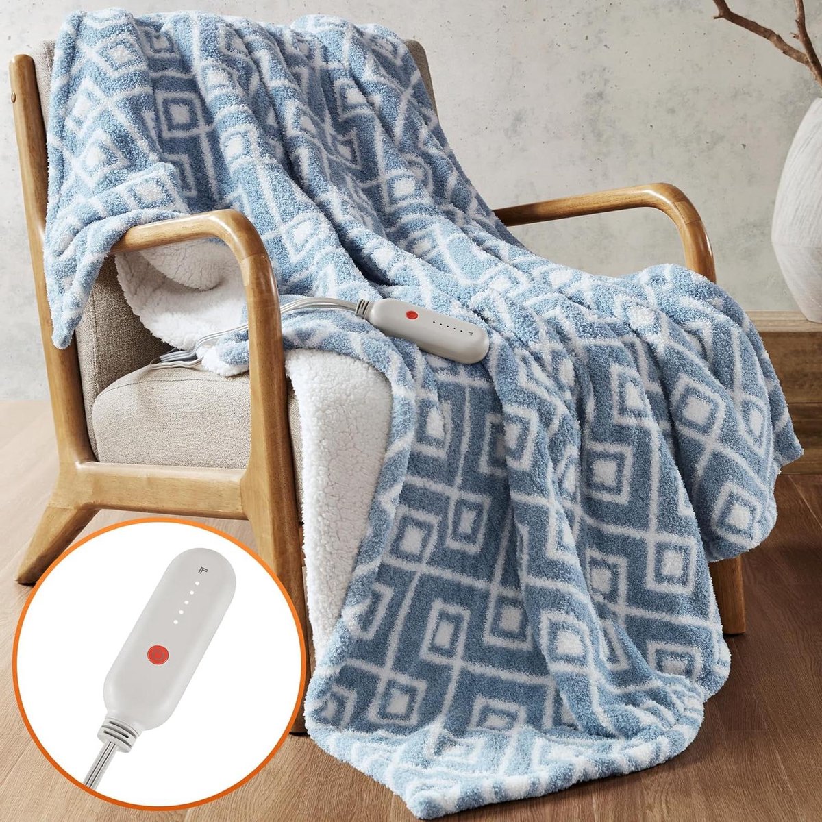 Verwarmde Deken - Elektrische Deken Plaid - Warm Blijven - Omkeerbaar Sherpa Pluche - 50x60 Inch - Blauw Geo