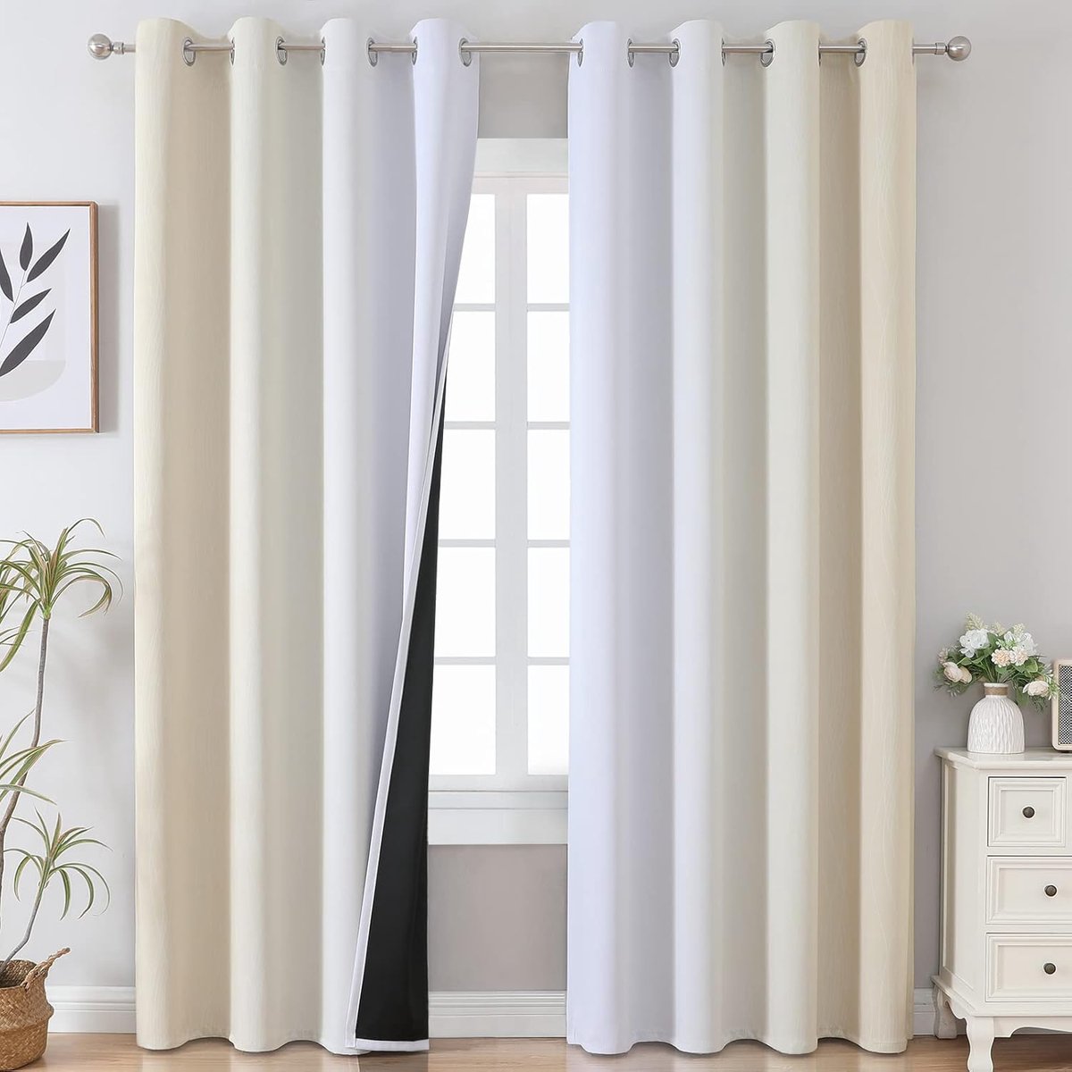 kleurverloop, verduisterende gordijnen voor slaapkamer met ringen, thermogordijn koudebescherming, dichte gordijnen, woonkamer, H 214 x B 132 cm, lichtbeige en wit, set van 2
