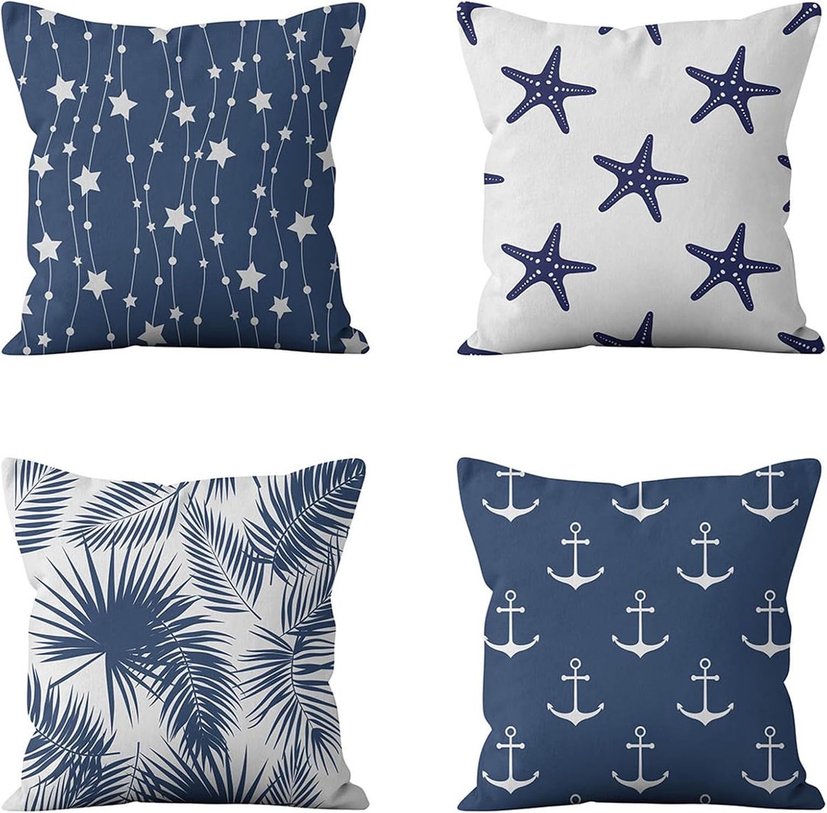 Kussenslopen 65 x 65 cm blauwe decoratieve kussenslopen linnen vierkante kussenslopen met onzichtbare rits voor bank slaapkamer woonkamer tuin dubbelzijdige kussenslopen