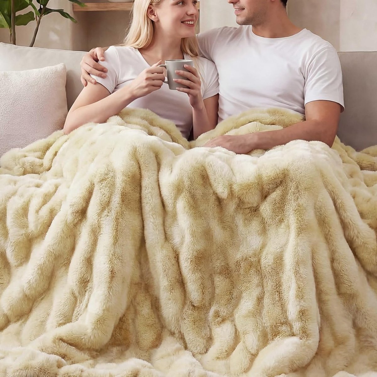 Deken 150x200 cm Tie-Dye Geel Faux Fur Bubble Blanket Woondeken Fluffy