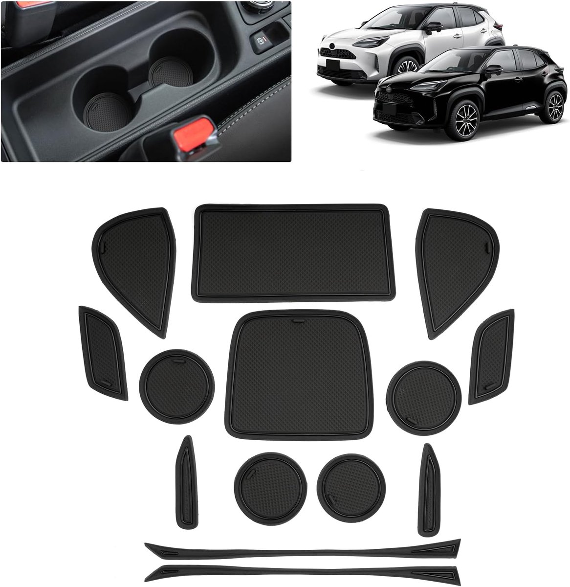 Compatibel met Toyota Yaris Cross 2021, 2022, 2023, 2024, 2025, antislip matten voor Yaris Cross rubberen matten voor middenconsole, bekerhouder, deurgroef (zwart)