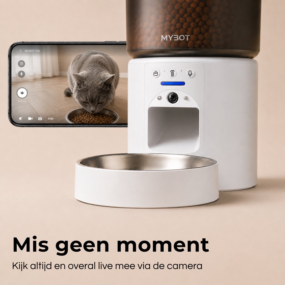 MYBOT Automatische Voerbak met Camera - Kat en Hond - Voerautomaat 4L - Met App en Spraakopname - Voor Droogvoer - Wit - P4 thumbnail 2