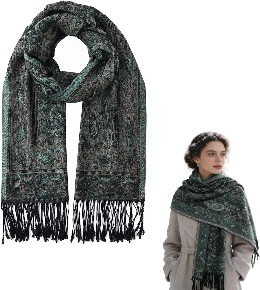 zijdezachte Pashmina-sjaal voor dames, Paisley-patroon, Pashmina-sjaal met franjes