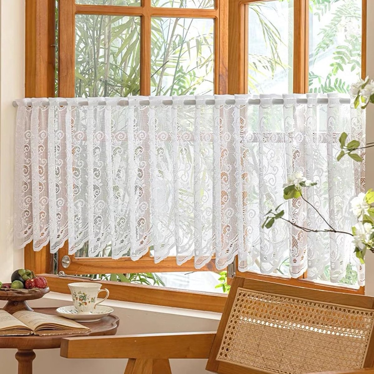 Vitrage, jacquard, lichtdoorlatend, ruitgordijn, kant, landelijke stijl, café-gordijn, Canna, Indiase bloemenbuis, retro bistrogordijn, wit H x B 60 x 150 cm, 1 stuk