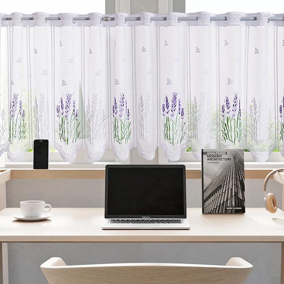 Vitrage met geperforeerde lijst, jacquard, keukengordijnen, kant, kort, voor landhuis, transparant, kant, wit, vintage, kort (B x H 120 x 50 cm) 1 stuk