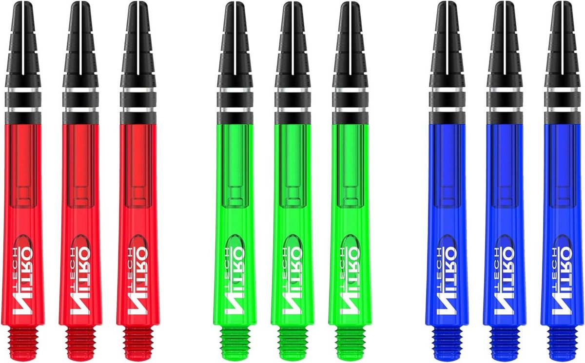 Dart Shafts - Dartpijlstelen - Darts Spelen - Nitrotech Constructie - Medium 42mm - Rood Blauw Groen