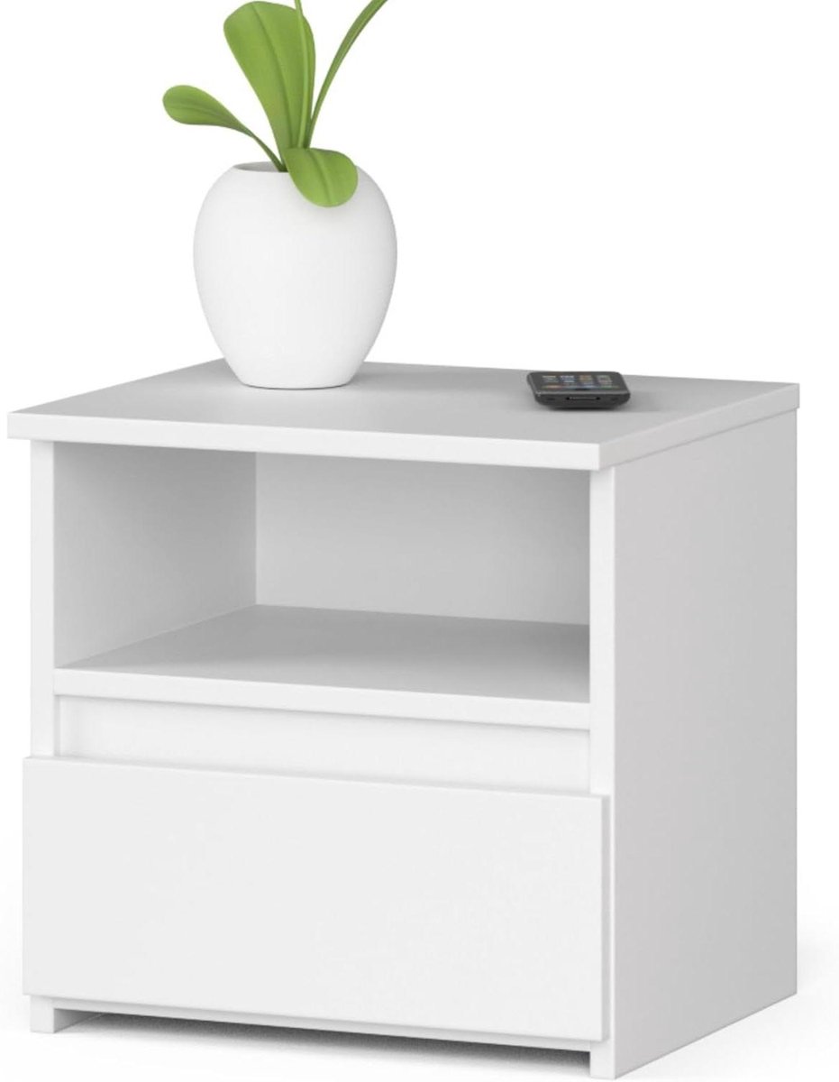 Nachtkastje met lade - Sidetable slaapkamer - Opbergen slaapkamer - Krasbestendig oppervlak - 40 x 40 x 35 cm - Wit