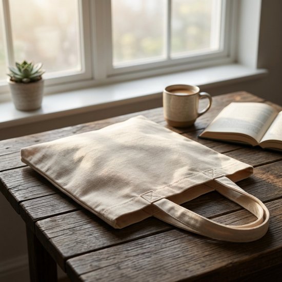 Crèmekleurige katoenen tote bag op een houten tafel.