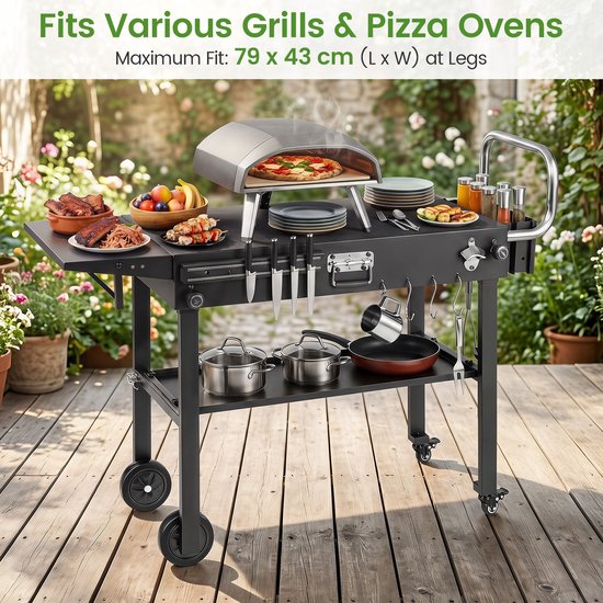 Buitenkeuken op Wielen – BBQ Trolley – Met Opbergkast & Planken – Werktafel voor Buiten – Multifunctioneel –Zwart — afbeelding 3