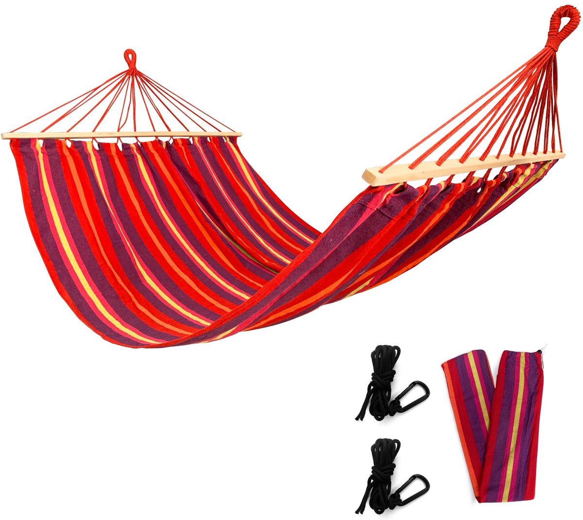 Hangmat met spreidstang - 200x140cm - rood gestreept - 1 persoon - incl. 2 haken, touw en opbergtas