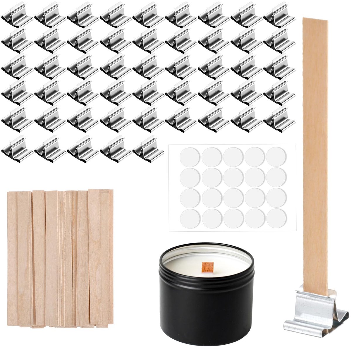 Kaarsen, houten kaarslonten, kaarslonten, houten kaarsenlont met 50 stuks ijzeren standaard voor doe-het-zelf kaarsen maken handwerk (50 sets)