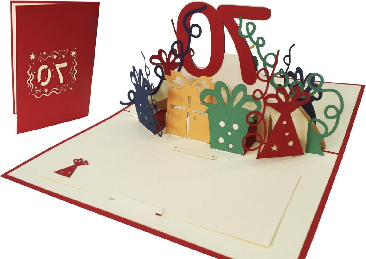3D Pop-up Kaart - Verjaardagskaart 70 Jaar - Bijzonder Verjaardagscadeau - Handgemaakt Verrassingseffect - 17 x 115 cm - Rood