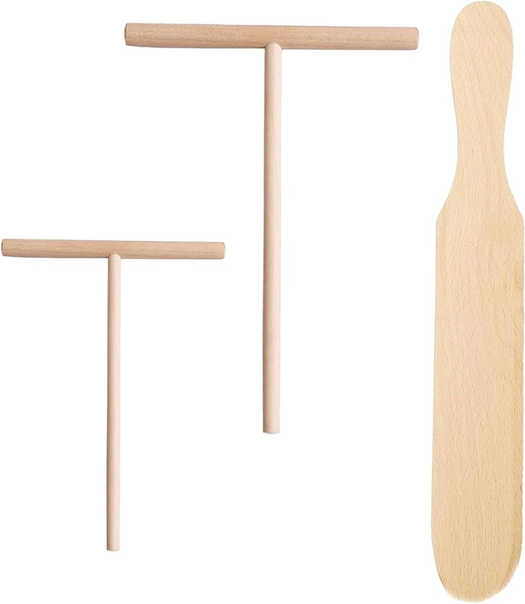Pannenkoek Spatel Set - Crêpe Gereedschap - Pannenkoeken Bakken - Natuurlijk Beukenhout - 25 cm Spatel 18/12 cm Verdeel - Bruin