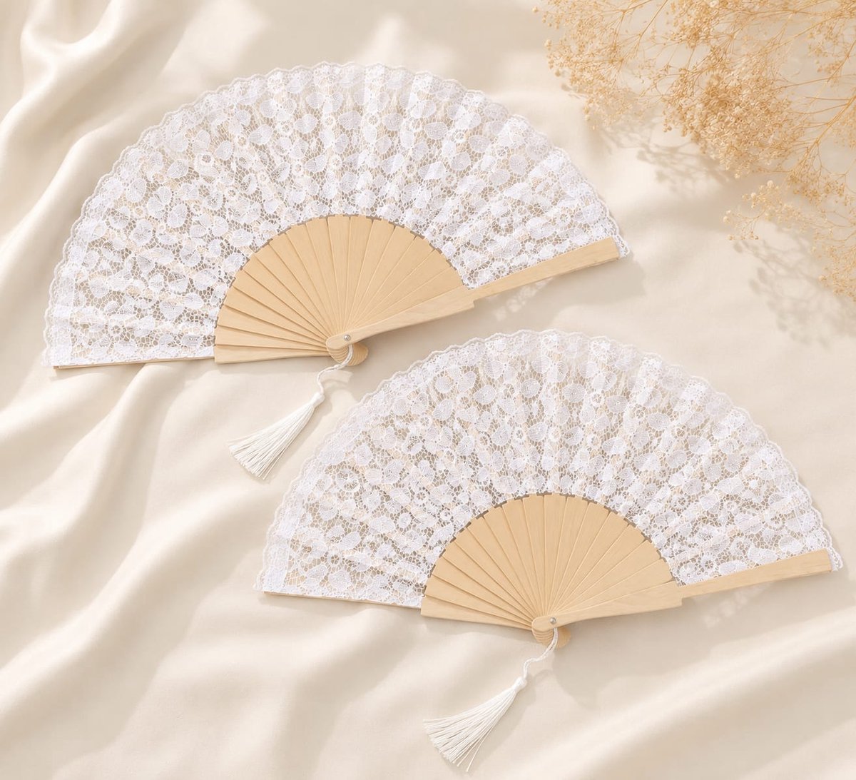 Dames klassiek handwaaier kant met bloem 2 stuks -handwaaiers met kwastjes- wedding- Dansen- Vakantie- Warme dagen opvouwbaar waaiers Wit