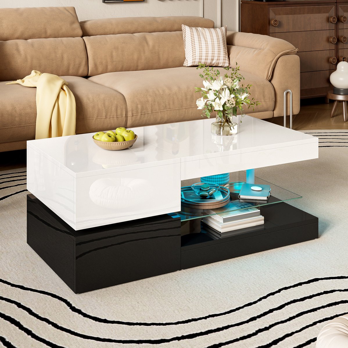HAUSS SPOLE Salontafel - Led Verlichting Met App En Bluetooth - Voor Woonkamer - Spaanplaat En Glas - 90 x 45 x 35,5 cm - Zwart Wit