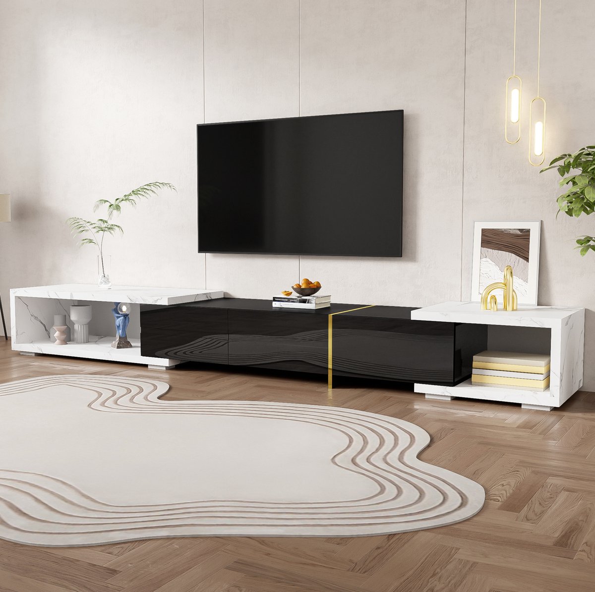 HAUSS SPOLE Dressoir - Uitschuifbaar TV-Meubel Met Draaifunctie - Voor Woonkamer - MDF En Spaanplaat - 140-260x40x30 Cm - Zwart Wit Marmerlook