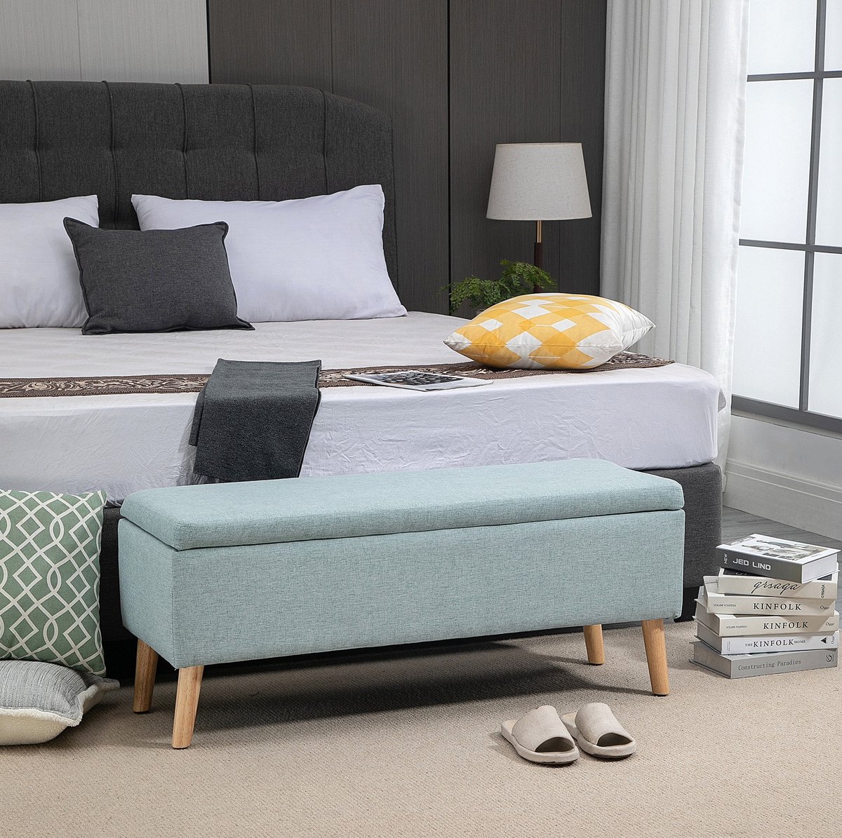 MEUNIQ zitbank met opbergruimte 110 x 39 x 45 cm, Scandinavische opbergbank met beklede zitting, polyester in linnenlook en houten poten, groen