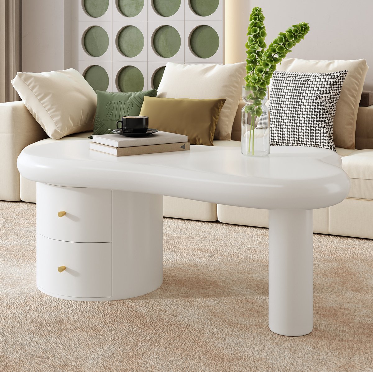 HAUSS SPOLE Salontafel - Organische Vorm Met 2 Lades - Ruimtebesparend Voor Woonkamer En Dagelijks Gebruik - MDF - 97 X 64 X 42 Cm - Wit