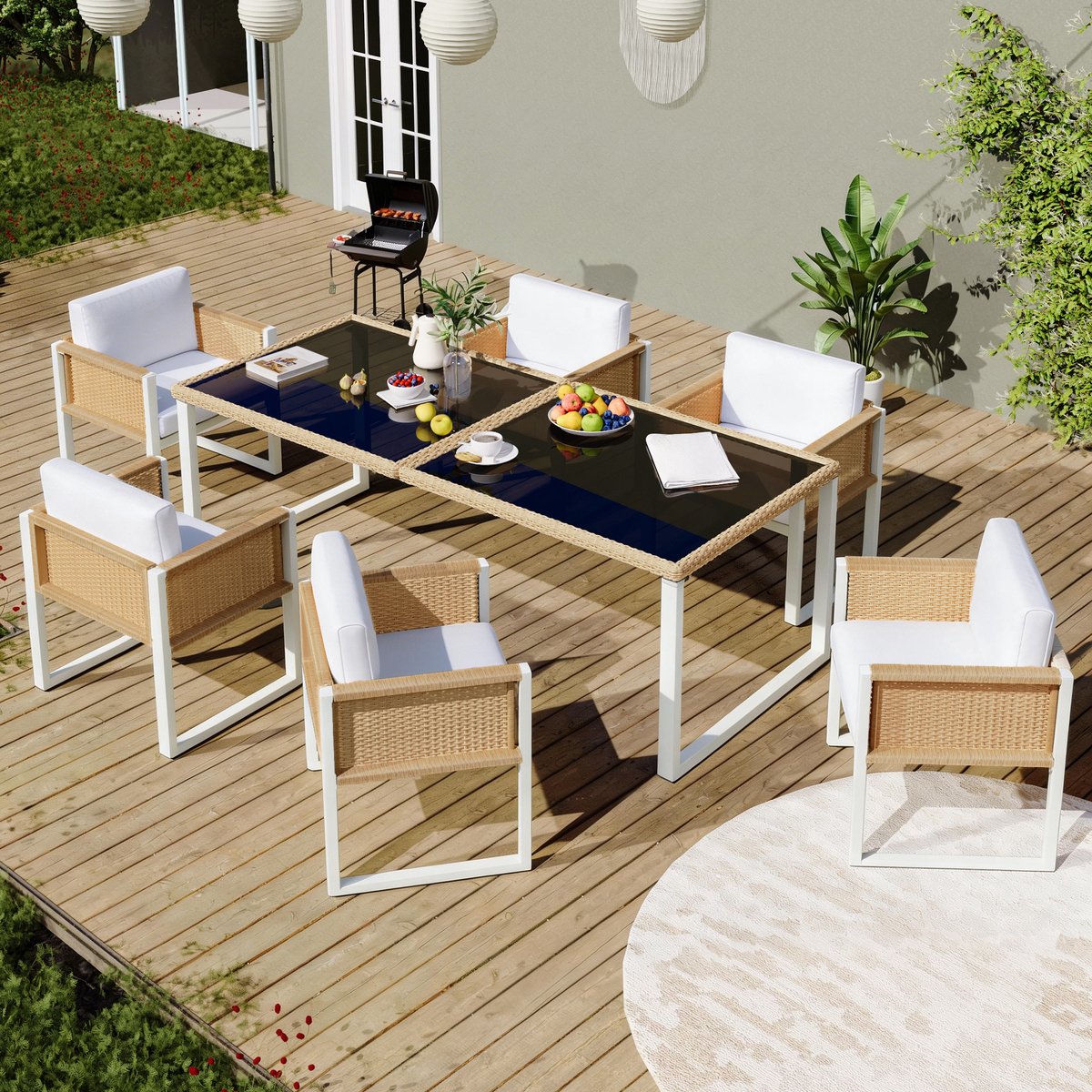 MIVRAY Tuinset 170 x 80 x 75 cm - 6 Persoons Eettafelset Met Gehard Glas En Afneembare Kussenhoezen - Voor Tuin En Terras - Polyrattan - Bruin Wit