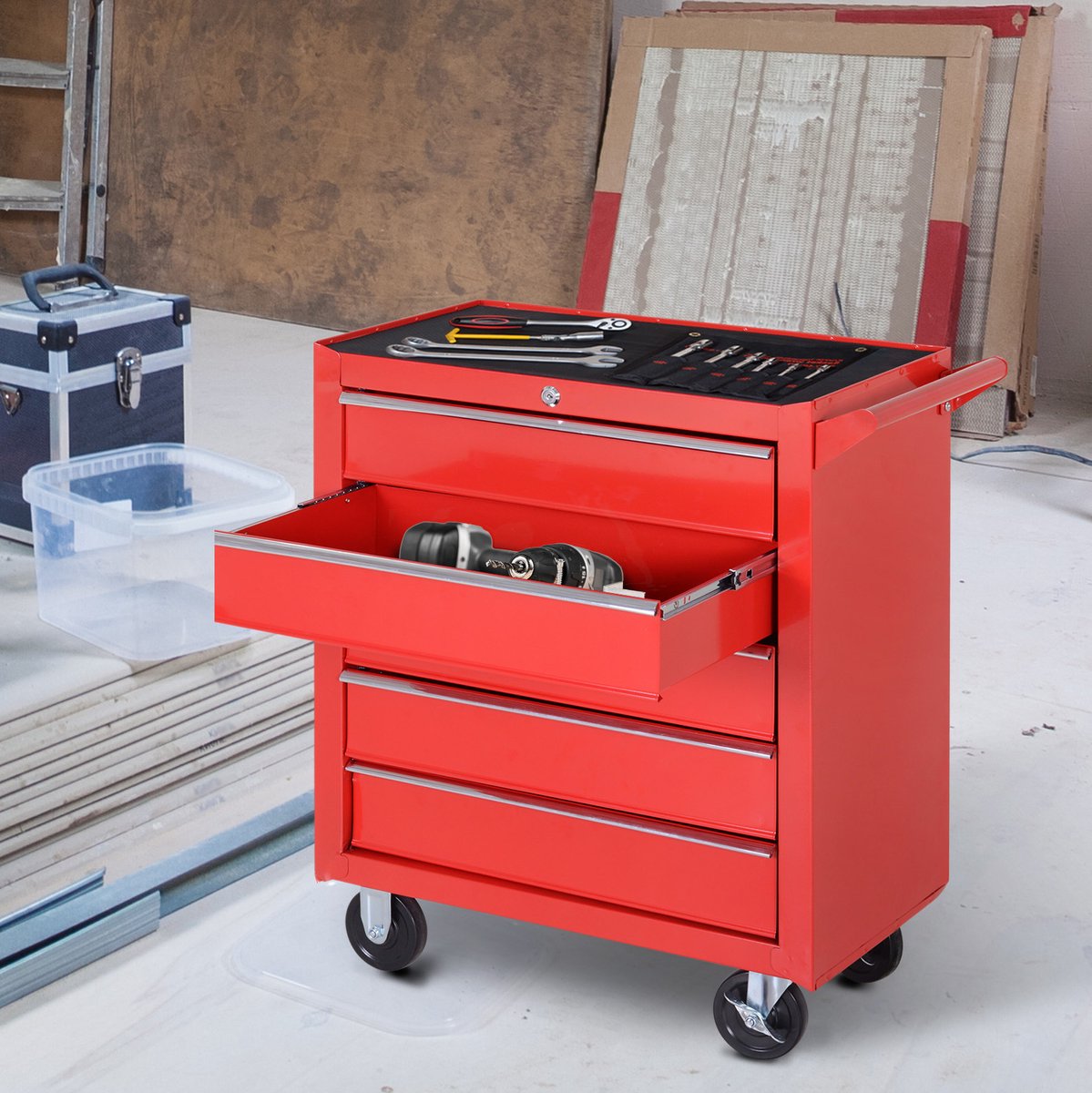MEUNIQ Gereedschapskar 69 x 33 x 75 cm met 5 lades, afsluitbaar, met wielen en zijgreep, EVA-matten, staal, rood, werkplaatswagen voor gereedschap