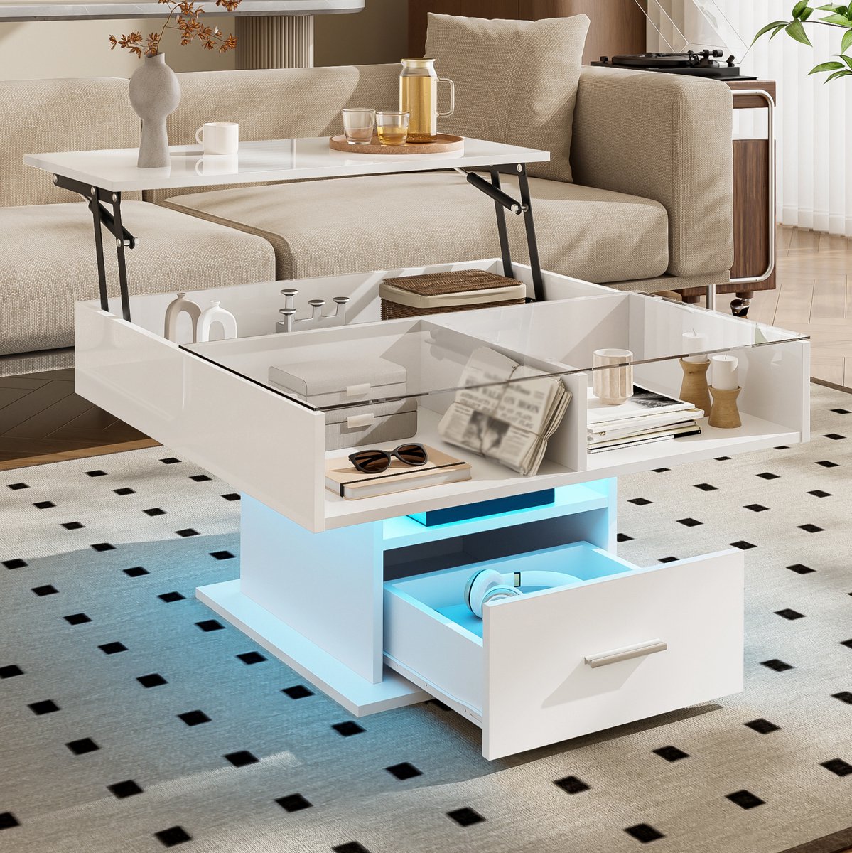 HAUSS SPOLE Salontafel - Hoogglans Lifttafel Met Ledverlichting En Opbergruimte - Voor Woonkamer En Kleine Ruimtes - Spaanplaat - 78x78x45,5 Cm - Wit