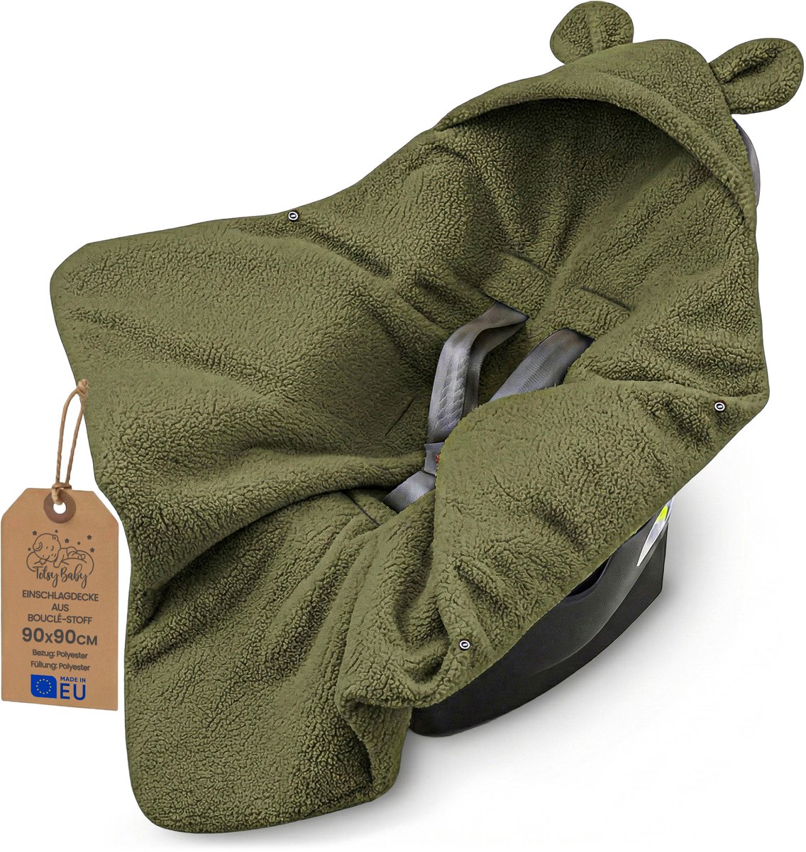 Warme boucle inbakerdeken voor autostoel en kinderwagen – Teddy babydeken dubbelzijdig met capuchon – premium voor de winter pasgeborene 90×90 cm Olijfgroen