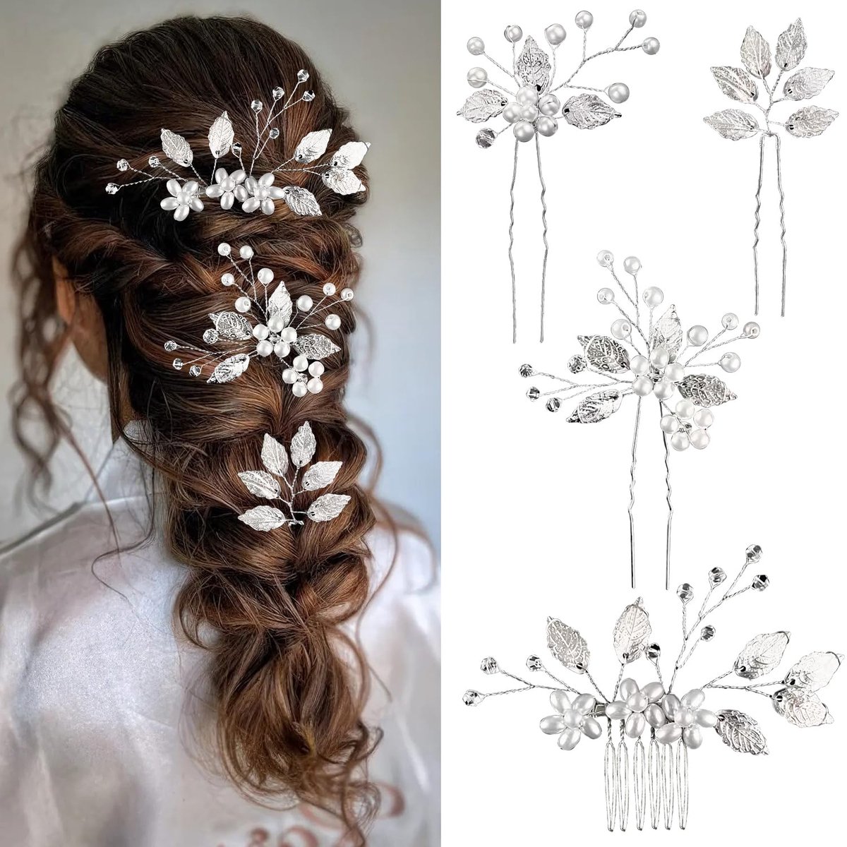 4 Stuks Parel Bruids Haarclips met Bloemenkam - Verstelbare Haardecoratie met Kristallen en Bladmotief, Haarspelden voor Bruiloft, Opgestoken Haar, Feestjes (Zilver)