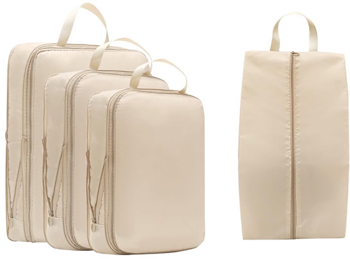 Compression Packing Cubes 4 Delige Set – Reis Organizers voor Koffer – Inclusief Schoenentas – Lichtgewicht Kleding Opbergzakken voor Vakantie en Zakenreis – Beige