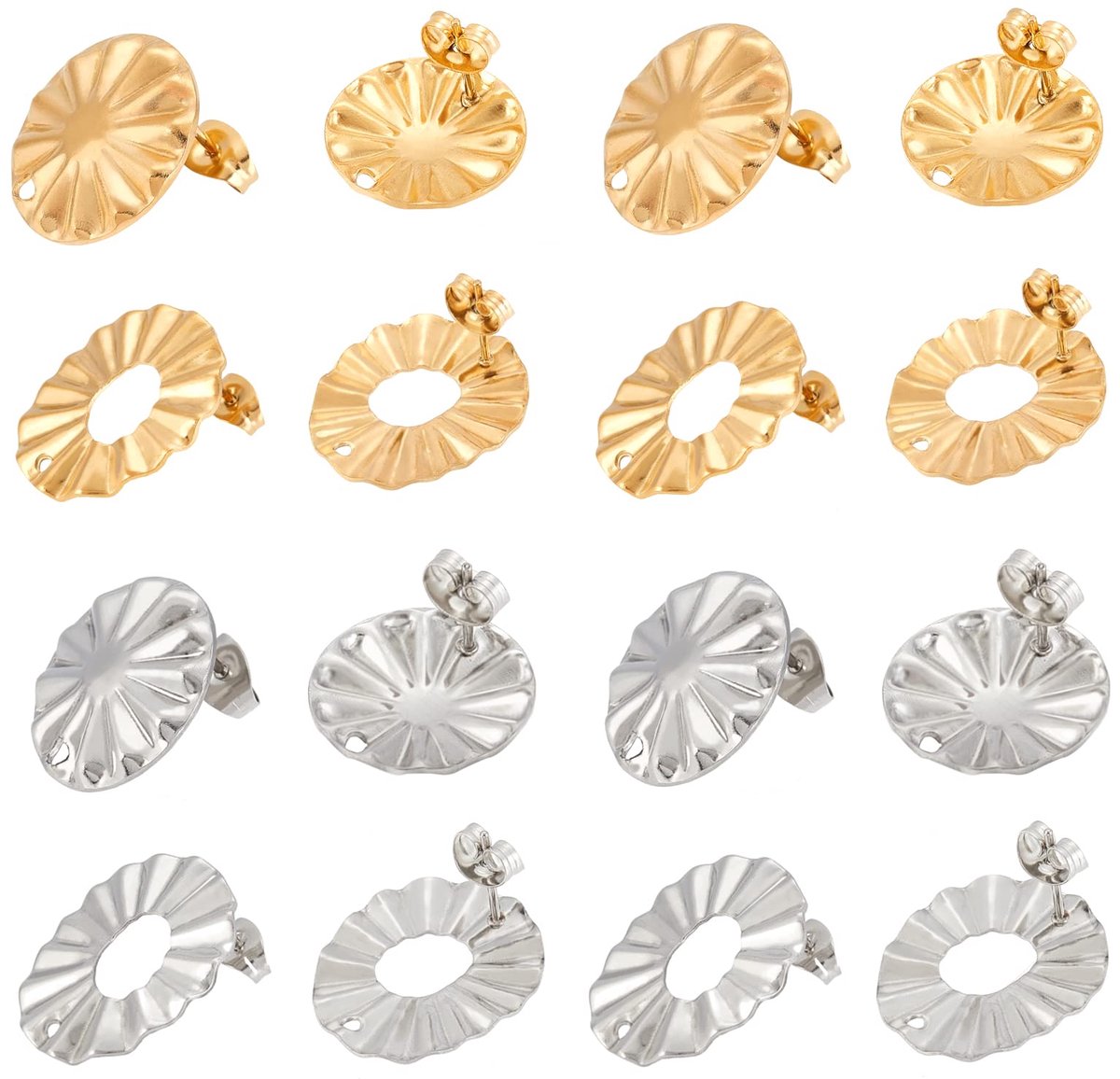 16 stuks, 2 kleuren, ovaal en plat, rond, 304 oorbellen van roestvrij staal met oormoeren, componenten van oorbellen voor het maken van doe-het-zelf sieraden