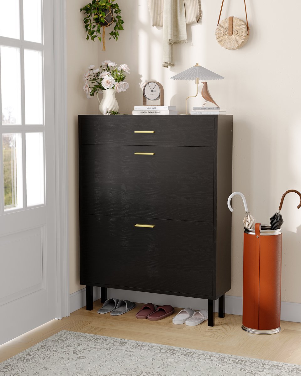 Schoenenkast Smal 3 Lagen - 80x25x110cm - Schoenenrek - Schoenenmeubel Hal - 2 Kleppen en 1 Lade - Metalen Poten - Minimalistisch - Voor Hal En Woonkamer - Zwart
