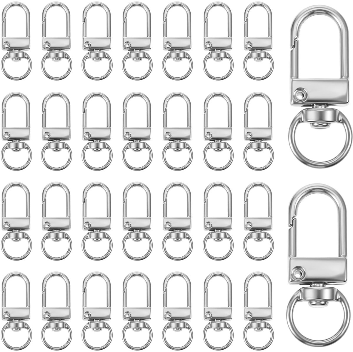 30 stuks mini-kleine karabijnhaken, sleutelhangers, draaibaar, kleine karabijnhaak met draaischarnier, metalen karabijnsluitingen, 360° draaibare karabijnhaak, zilver, voor doe-het-zelf tas