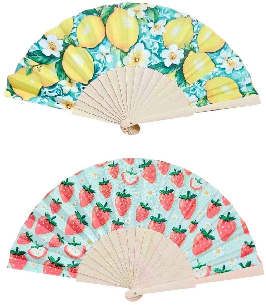 Handige Waaier zomer fruit print 2 stuks – Zomer waaiers citroen, aardbei – Opvouwbare Handwaaier – Ideaal voor Zomer & Festivals- Reizen- vakantie- Camping