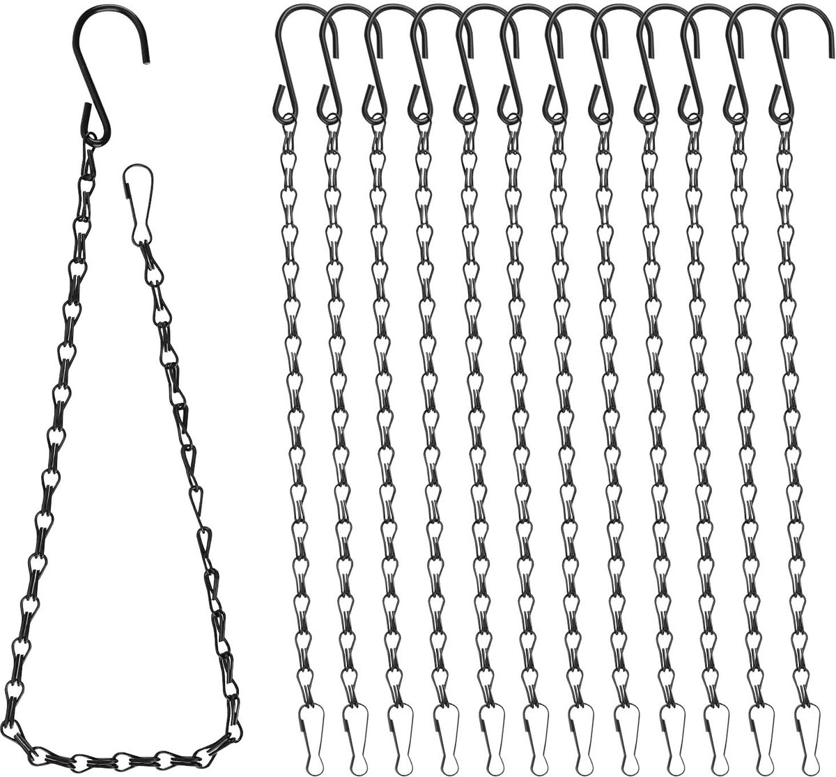 12 stuks kettingen om op te hangen, 42 cm, zwart, metalen ketting, bloemenhanger, kettingen, hangmandkettingen, bloempotketting met haken, clips voor vogelhuisjes, windgongen, plantenbakken,