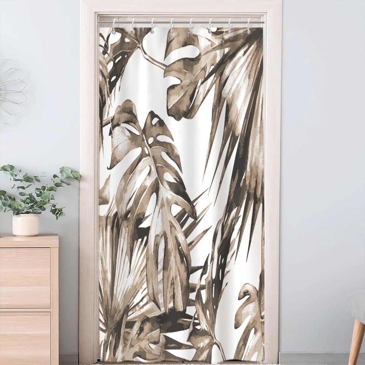 Douchegordijn, schimmelbestendig, douchegordijn 120 x 180 cm, tropisch geelbruin, palmbladeren, jungle, badgordijnen, wasbaar, waterdicht, gordijnen voor badkamer met 8 haken