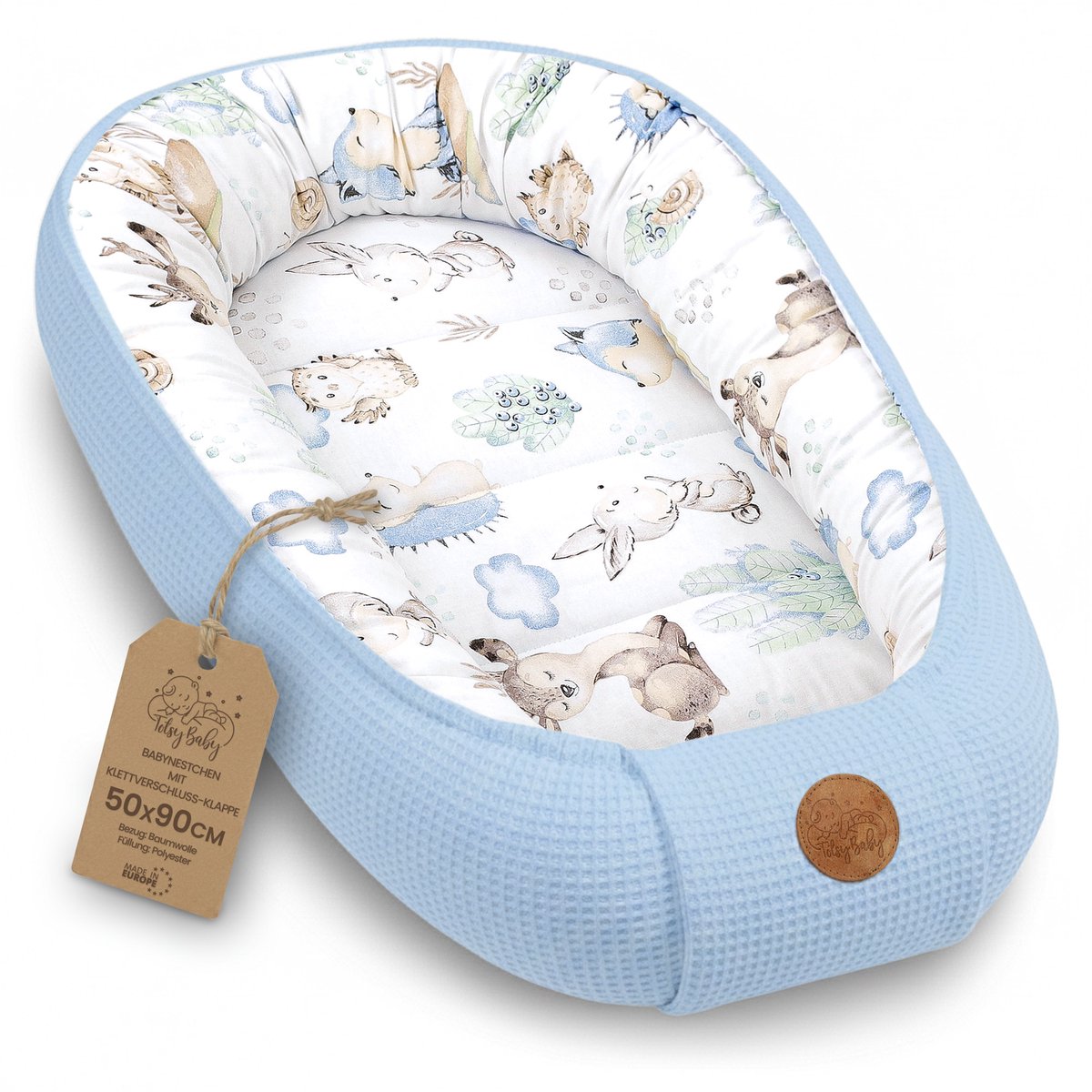 Babynestje Pasgeborene 50x90cm – Babynest behaaglijk Katoen & Wafel – zacht ademend en knus Nestje comfortabel voor Ledikant Wieg Kinderwagen Babykamer en Onderweg Dieren Blauw
