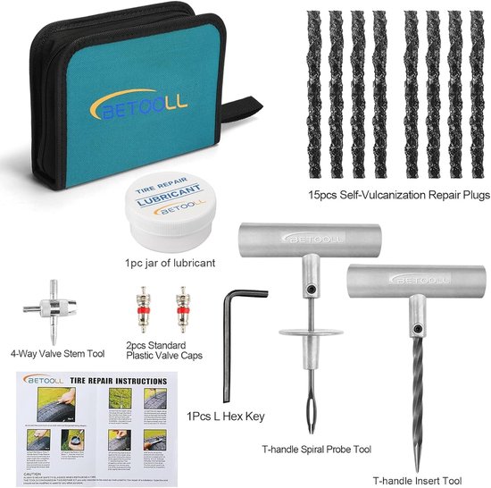 Bandenreparatieset - Lekke band reparatie - Onderweg repareren - 24-delige set - Compacte tas - Klassiek groen — afbeelding 2