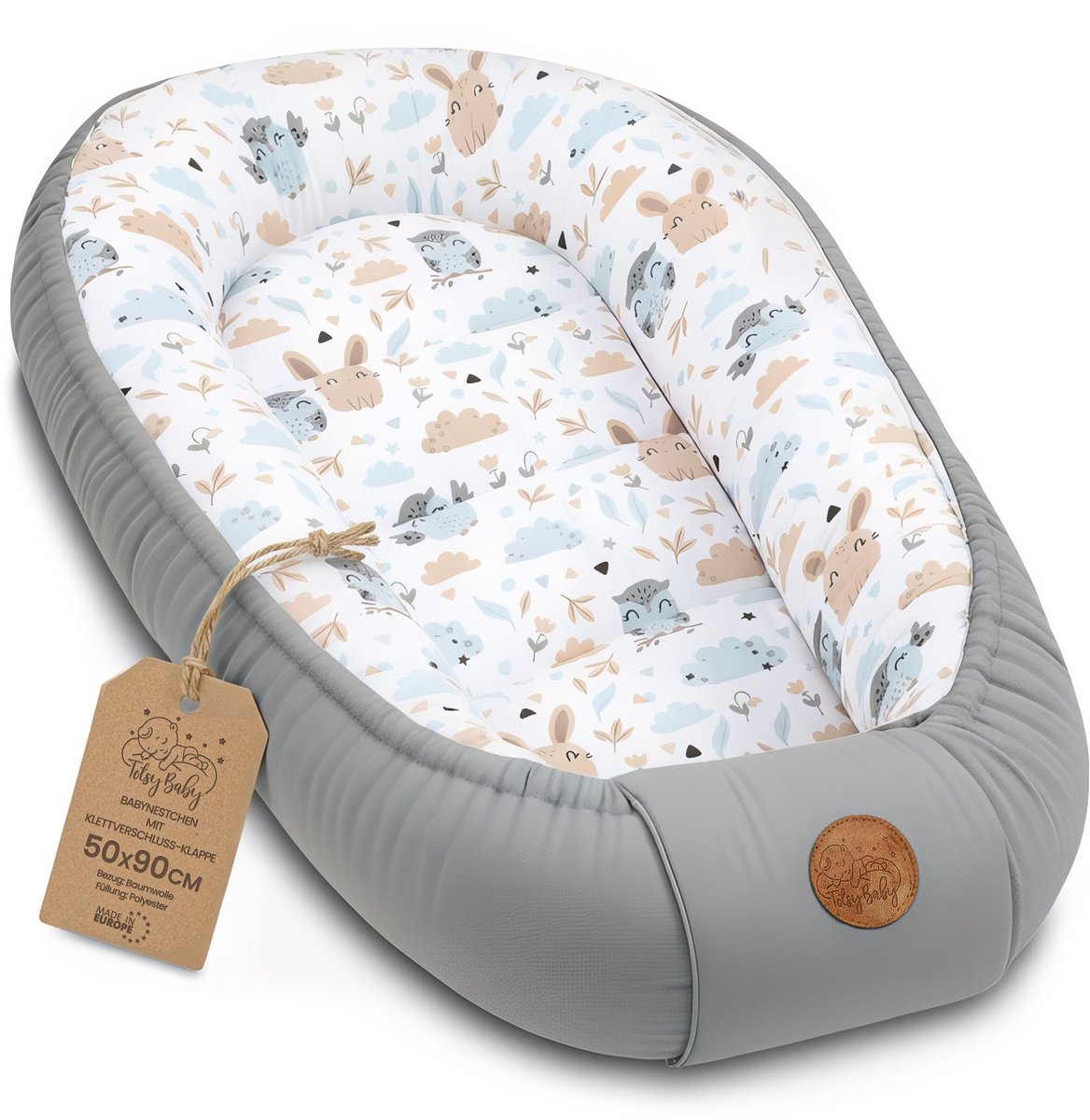 Zacht Nestje Pasgeborene – Knuffelnestje draagbaar comfortabel en behaaglijk voor Ledikant Kinderbed Wieg Babykamer en Onderweg – knus voor Jongen & Meisje 90x50 cm Uilen Lichtgrijs