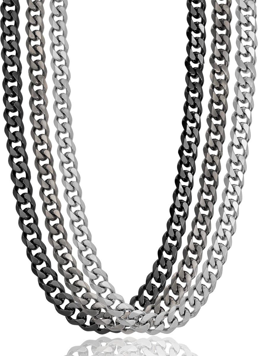 stalen pantserketting massief 45 50 55 60 cm (7 of 11 mm breed) zilver/zwart/zwart vintage (incl. sieradendoos)