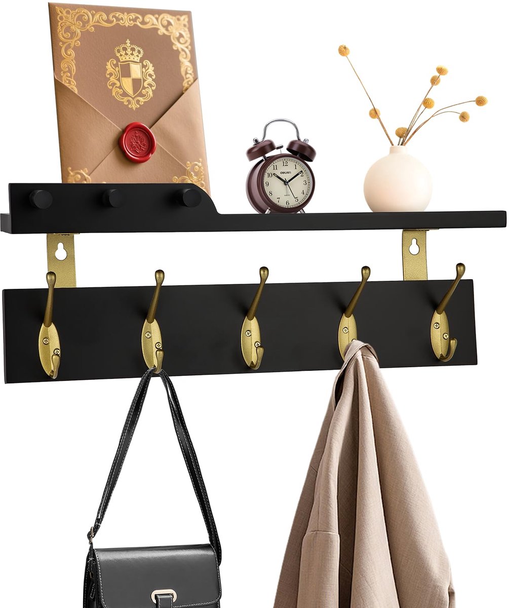 Wandgemonteerde kapstok met plank, 5 gouden dubbele haken, 3 pinnen, 16,5 inch zwarte houten zwevende plank voor entree, badkamer, slaapkamer
