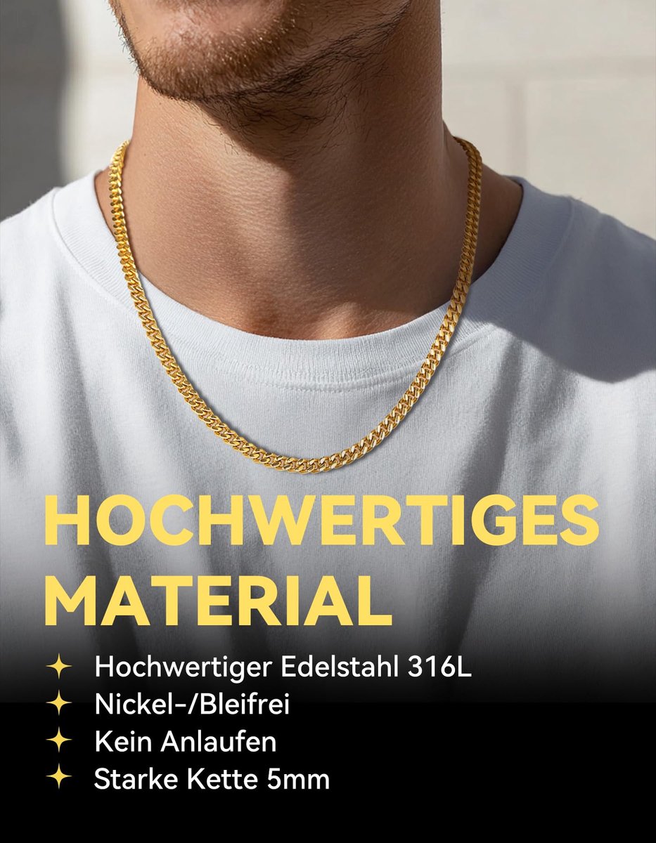 Herenketting, staal, Cubaanse schakelketting, choker, jongens, staal/goud/zwart, breedte: 4/6/9/13 mm, lengte: 46/51/55/61/66/71/76 cm, choker hiphop rapper 32-298 g