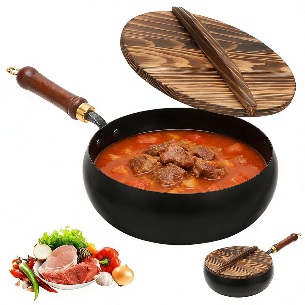 ijzeren pan met deksel, ongecoate Big Belly pan, geschikt voor inductie, ijzeren braadpan met houten handvat voor braden, stoven, sauteren (28 cm)